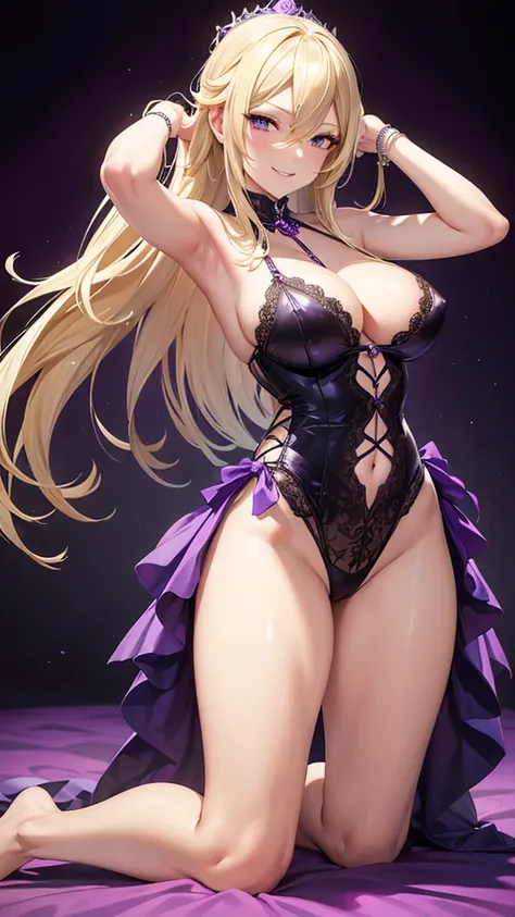 Erotic Rosalina Blonde shiny purple skin Shiny erotic purple negligee Tall sexy busty married woman Black background Night Dark theme Evil fallen Seduction Excited Erotic grinning face Hands on head Kneeling