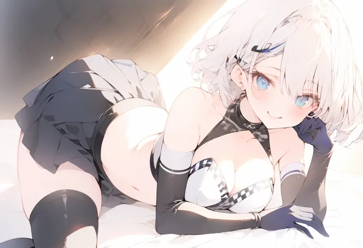 beautiful, masterpiece, Highest quality, anime, One girl, C Cup,Portrait Shot, View your viewers, Covered、Short Hair、nearby、Blue Eyes、art、、White hair,Blue streaked hair、wallpaper、hairpin、Cute smile、Thighs、navel、Black and White_Open race queen、Blue-black_Gl...