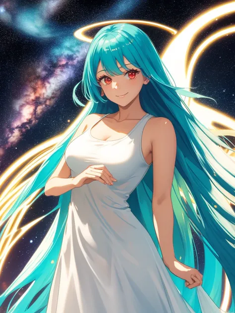 woman, Turquoise Hair, Red eyes, smile, Angel Wings, Golden halo, White Dress, Stand upright, In space, The Milky Way in the background, Distant Star, Upper Body