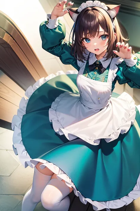 masterpiece, best quality,1girl, solo,whtie hair,medium hair,blue eyes,long sleeves,juliet sleeves,apron,maid,maid headdress,puffy sleeves,green dress,vest,buttons, white thighhighs,standing, looking at viewer, (cat ear, claw pose:1.2),