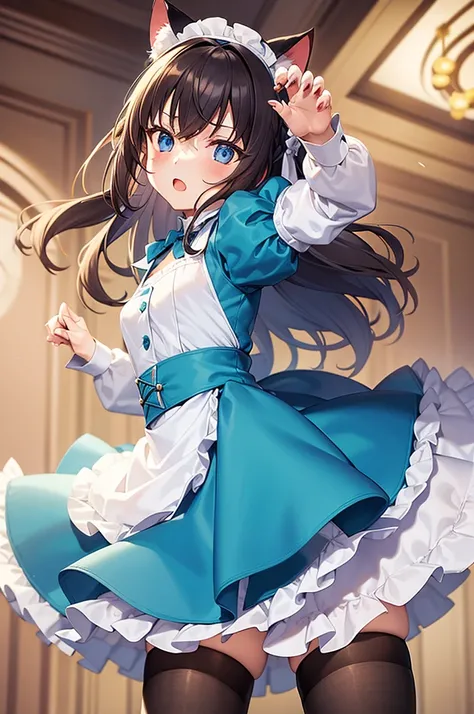 masterpiece, best quality,1girl, solo,whtie hair,medium hair,blue eyes,long sleeves,juliet sleeves,apron,maid,maid headdress,puffy sleeves,green dress,vest,buttons, white thighhighs,standing, looking at viewer, (cat ear, claw pose:1.2),