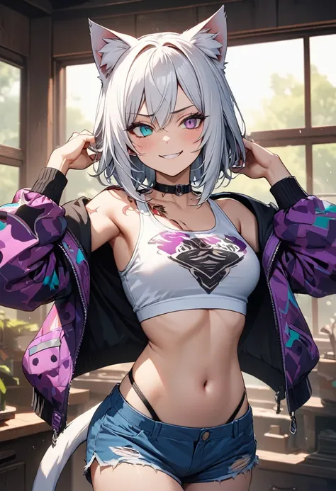 Adult girl, long white hair, cat ears, cat tail, multi-colored eyes, heterohromia, left eye purple, right eye turquoise, red learher ripped spike jacket, white tight top, purple print, blue shorts, lot of tattoo, scars, open belly, small breasts, wide neck...