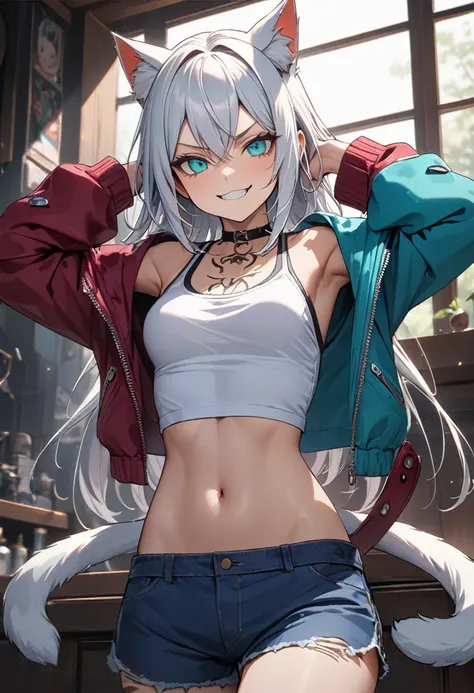 Adult girl, long white hair, cat ears, cat tail, multi-colored eyes, heterohromia, left eye purple, right eye turquoise, red learher ripped spike jacket, white tight top, purple print, blue shorts, lot of tattoo, scars, open belly, small breasts, wide neck...