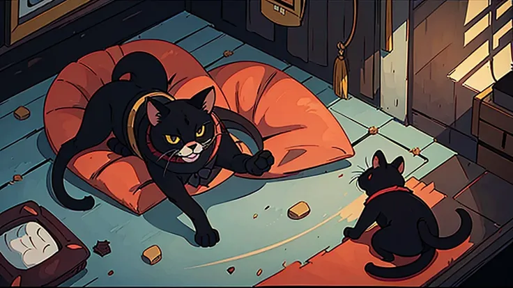 a magic domesticated black cat, red cape, amulet collar, chases after rat in a gothic mansion, high detail, atmospheric, 1980s anime screen caps 