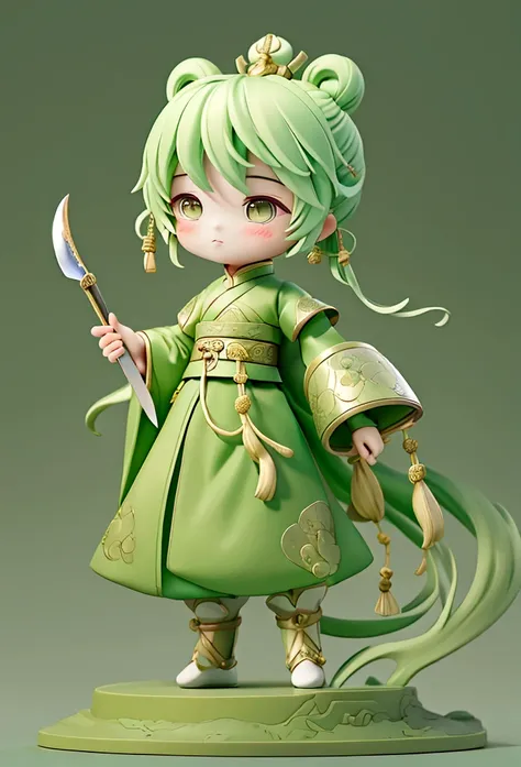 Guanyu，chibi，Green armor，long whiskers，Holding a long-handled knife，Chinese clothing，whole body