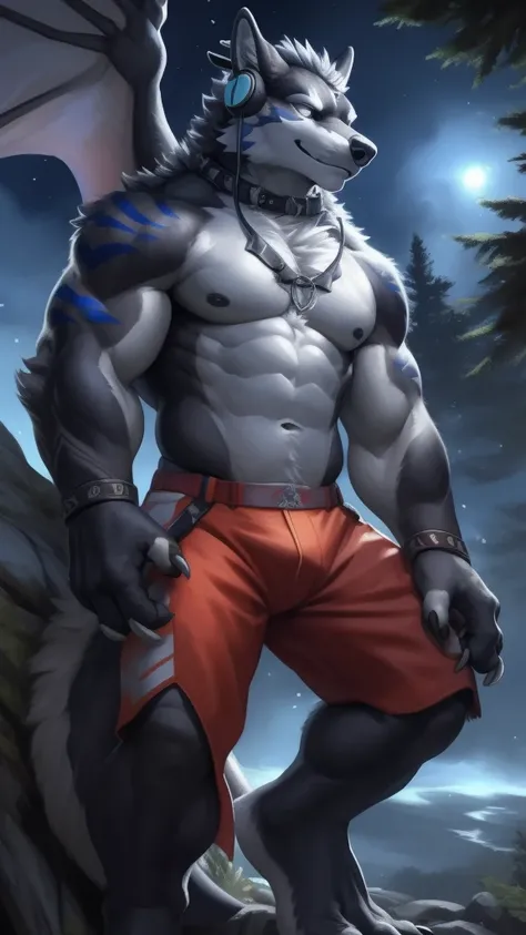 Solo, Male, (Muscular), sacrifices, (male anthro wolf):1.3, grey body，Body bareness，Wear white ear headphones，grey shorts, (Kamimei):1.3, (komono:1.4) (DOA):1.23, Detailed eyes, lizard tail,A pair of dragon horns, A pair of dragon wings，((Full body like)),...