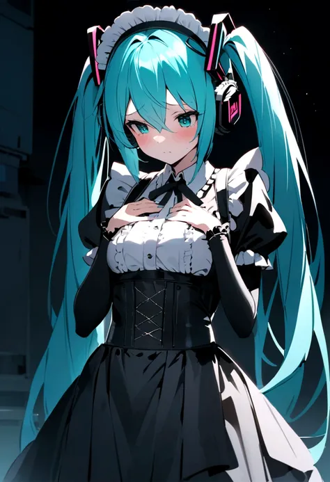 (((​masterpiece, hatsune miku, vocaloid, Super detailed、Digital Cage、Hands on chest、Sad、Gothic、Maid clothes、