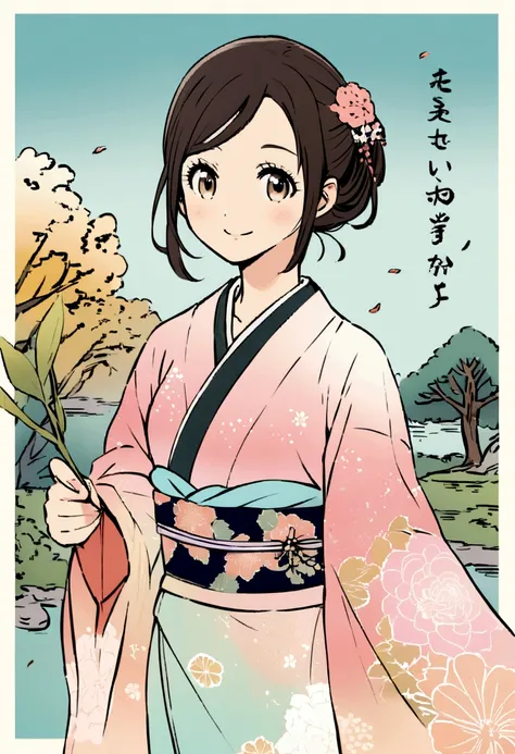 Chihiro Iwasaki style,Smiling girl wearing a kimono,The four seasons in the background,Soft colors