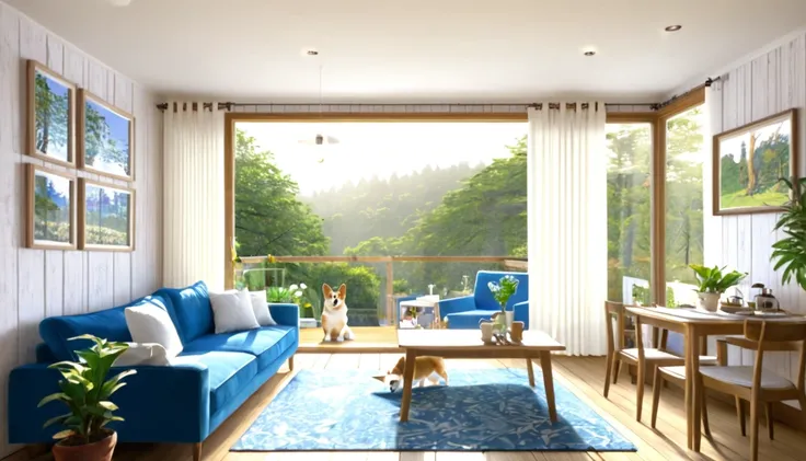 Describe a typical British home with a kitchen, wooden wallpaper, wood deck, coffee cup, a Corgi playing, posters on the walls, a white cushion, blue sofa, white curtains, potted plants, pendant light, and a bright morning scene with a forest view outside ...