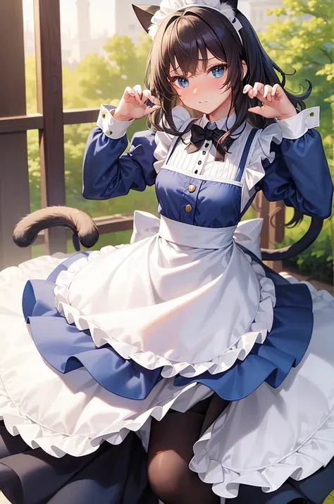 masterpiece, best quality,1girl, solo,whtie hair,medium hair,blue eyes,long sleeves,juliet sleeves,apron,maid,maid headdress,puffy sleeves,green dress,vest,buttons, white thighhighs,standing, looking at viewer, nose blush, (cat ear, claw pose:1.2),