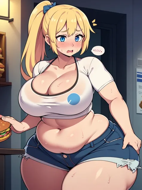 ((highres)), Masterpiece, high quality, best quality, beautiful, perfect lighting, detailed face, ultra cute face, ((1girl)), ((solo)), ((blush)), embarrassed, long fluffy blonde hair, pony tail, blue eyes, sweat, heavy breathing, crop top and shorts, fast...