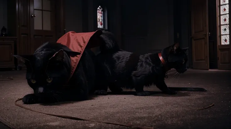 a magic domesticated black cat, red cape, amulet collar, chases after rat in a gothic mansion, high detail, atmospheric, 1980s anime screen caps 