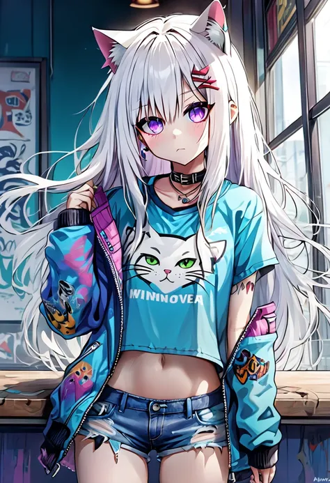 Adult girl, long white hair, cat ears, cat tail, multi-colored eyes, heterohromia, left eye purple, right eye turquoise, red learher ripped spike jacket, white tight top, purple print, blue shorts, lot of tattoo, scars, open belly, small breasts, wide neck...