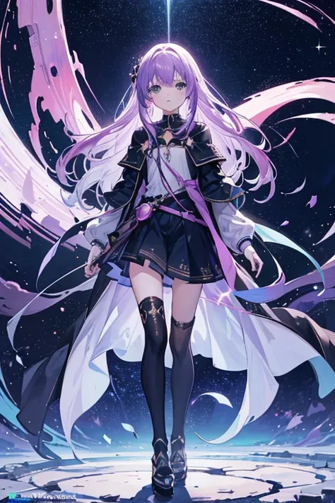 standing under a sky full of stars, nightcore, infinite astronomical library, best animation, 4k, girls, light purple hair, long hair, dark green eyes , flat chest , slim figure , about cosmic clouds , galactic background , cover art , (saturation), anime ...