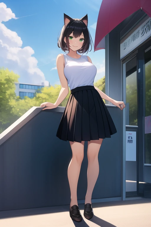 ((best quality)), ((masterpiece)), (detailed), 1girl, medium sized breasts, feminine short hair, black hair, gorgeous women, cat ears, green eyes, vertical slit pupils, medium sized skirt, pink lips, black skirt, sport bra, female t-shirt, white shirt, sho...