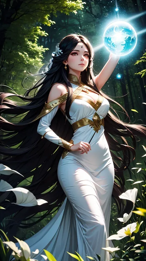 Magical woman with brown eyes and long black hair in white dress in a night forest with orb of light water element highest quality artwork 8k 