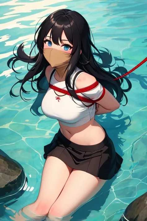 1 girl, detailed blue eyes, lange wimpern, detailed beautiful face, (Long black hair:1.4), (arms behind back:1.6), gefesselte Arme, Red rope, blushing, (Big boobs:1.2), (White crop top, black skirt:1.5), OTN, Gag, gagged, shibari, laying at a beach, liegen...