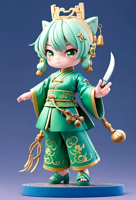 A middle-aged man，Mighty and domineering，chibi，armor，（green：0.5），long whiskers，（Holding the Blue Dragon Moon Knife：1.3），Chinese clothing，whole body