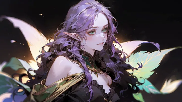 A beautiful, elegant girl with purple hair, green eyes and pale skin. Her hair is long and curly, she has two pretty tufts on the sides. She is an elf girl. elf ears. (slight smile). black background.