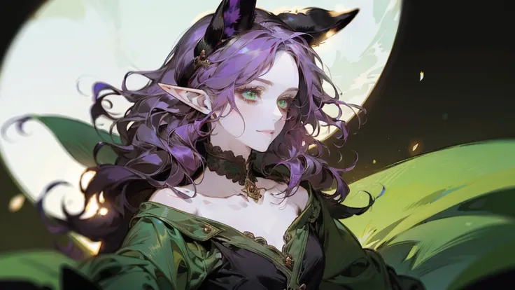 A beautiful, elegant girl with purple hair, green eyes and pale skin. Her hair is long and curly, she has two pretty tufts on the sides. She is an elf girl. elf ears. (slight smile). black background.