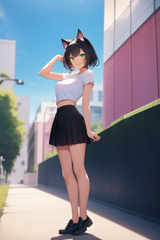 ((best quality)), ((masterpiece)), (detailed), 1girl, medium sized breasts, feminine short hair, black hair, gorgeous women, cat ears, green eyes, vertical slit pupils, medium sized skirt, pink lips, black skirt, sport bra, female t-shirt, white shirt, sho...