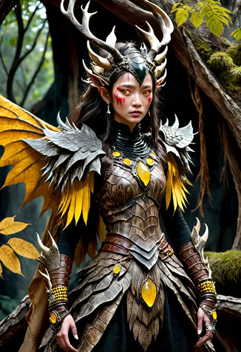 YOUNG WOMAN, YOUNG GIRL, strange, secretive, mysterious creature, HAS large pitch black wings, clothes made from the skin of a wild bull full of blood, flat facial expression, cold teary eyes, her head grows very large. huge deer antlers, tied His waist wa...