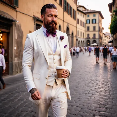 photorealistic, cinematic, raw photo, low angle shot, man, 39 years old, dark red hair, slick back hairstyle, long beard with a lush curled mustache , tattoos everywhere, wearing off-white linen three-piece suit, white linen shirt, purple silk stripted bow...