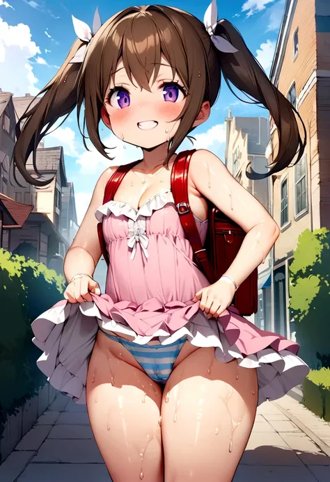 masterpiece, Highest quality, Nico_Yazawa,High resolution, 1 Girl, alone, Brown Hair, short hair, Twin tails、Purple eyes, Cowboy Shot, Frill dress, , Pink Dress, (Cleavage)、(Beautiful thighs)、city, Outdoor, garden, Carrying a red backpack, (randoseru backp...