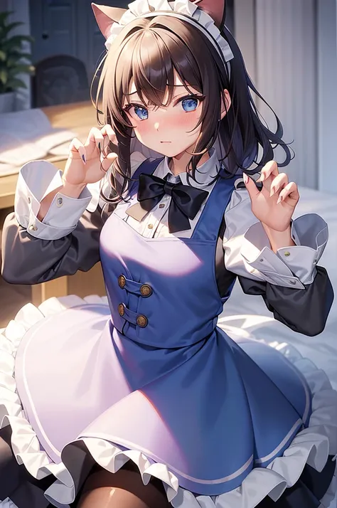 masterpiece, best quality,1girl, solo,whtie hair,medium hair,blue eyes,long sleeves,juliet sleeves,apron,maid,maid headdress,puffy sleeves,green dress,vest,buttons, white thighhighs,standing, looking at viewer, nose blush, (cat ear, claw pose:1.2),