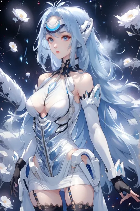 One Woman、whole body、(Spacewalk)、skinny、(Highest quality)tall、White garter stockings、Nipples、Light blue long-haired、Expressionless、White long gloves、Beauty