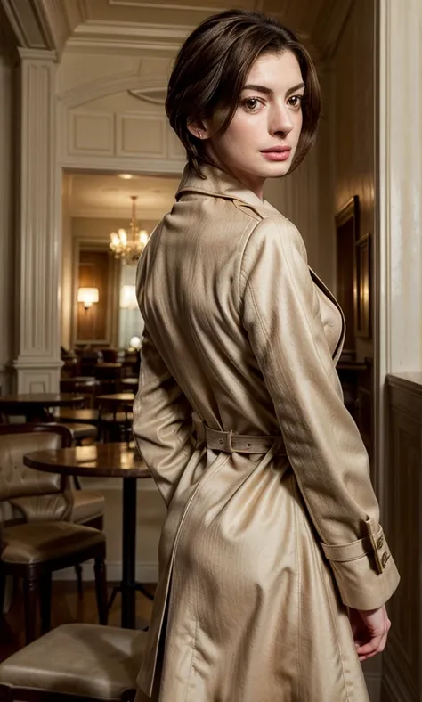 Anne Hathaway, very elegant beige coat, beige blazer, neckline, in a cafe, looking to the viewer, expressive eyes, focus on eyes, NSFW, nobody around, in bedroom, nude, pubianos, back view 