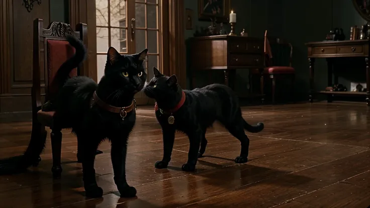 a black cat, red cape, amulet collar, chases after rat in a gothic mansion, high detail, atmospheric, 1980s anime screen caps 