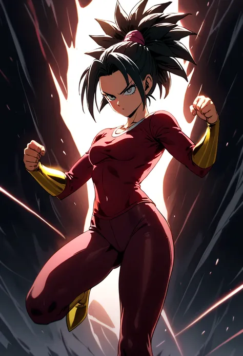 kefla with black hair up, with red top and leggings, one punch man style