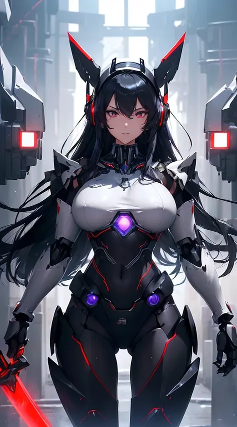 ((Shining lenses on both breasts:1.3))、((Pillars of red light radiate from both chests..:1.3))、((Attack pose:1.6))、((He has a red sword and a long rifle:1.6))、((Battle Scenes:1.8))、((8K)), ((32k)), ((Highest quality)), ((masterpiece)), ((超A high resolution...