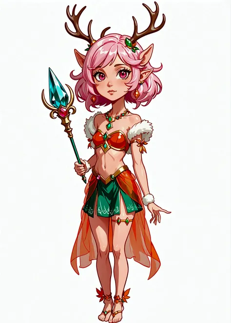 game character，Cartoon anime style，beautiful girl，Fluffy pink hair，Pink Eyes，antlers，Elf ears，Orange tulle short skirt，Metal gem-encrusted scepter，Slender legs，Standing barefoot，Bells on anklets。(((Correct human anatomy)))，White background
