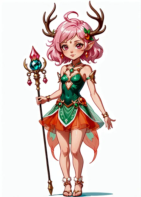 game character，Cartoon anime style，beautiful girl，Fluffy pink hair，Pink Eyes，antlers，Elf ears，Orange tulle short skirt，Metal gem-encrusted scepter，Slender legs，Standing barefoot，Bells on anklets。(((Correct human anatomy)))，White background
