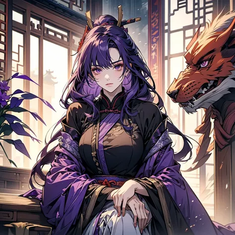 1 women, Raiden Shogun - genshin impact, long purple hair, violet eyes, violet chinese clothes, ultra long skirt, sitting at a table in chinese room