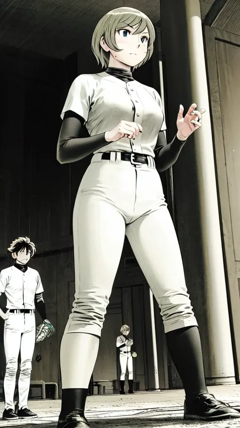 (Baseball uniform:1.2),
Blonde Hair, (short hair:1.2),Long sleeve, Black Shirt, turtleneck,White trousers、uniform、Black belt、((Illustration of people))、Big 、
View Audience,, (Highest quality:1.3),One Girl, White pants、uniform、Outdoor、baseball ground、ground...