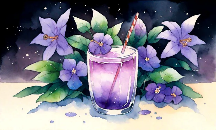 Purple flowers in a glass with a straw and a straw in it, 🌺 society, by Oze Kanaoka, Highly detailed watercolor 8k, Highly detailed watercolor 8k, relaxed and calm atmosphere, Watercolor illustration style, Artgasm, Highly detailed background, Lo-fi art st...