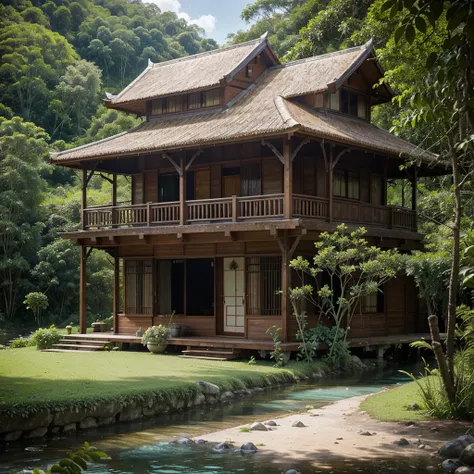 a Malay wooden cottage with a wide balcony with some Bougainville plants, the cottage is build on the top of the grass hills, a shallow crystal clear small river near the hill. some flower bushes grows near the stones along the river, there is a stones bri...