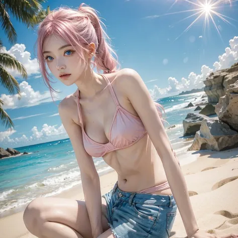 Light pink hair, Blue Eyes,  blue sky, Vibrant colors, Colorful Bikini、short pants、Splash, Light Racing, Wavy long hair、Splash、Light of the sun、Pigtails、Sandy Beach