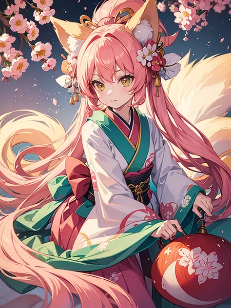 a little kitsune girl, long pink hair, green eyes, long kitsune ears, multiple pink tails, Wearing a Japanese kimono with a flower design, 