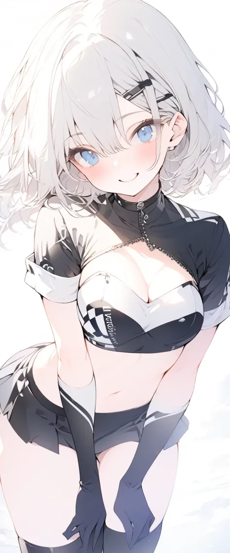 beautiful, masterpiece, Highest quality, anime, One girl, C Cup,Portrait Shot, View your viewers, Covered、Short Hair、nearby、Blue Eyes、art、、White hair,Blue streaked hair、wallpaper、hairpin、Cute smile、Thighs、navel、Black and White_Open race queen、Blue-black_Gl...