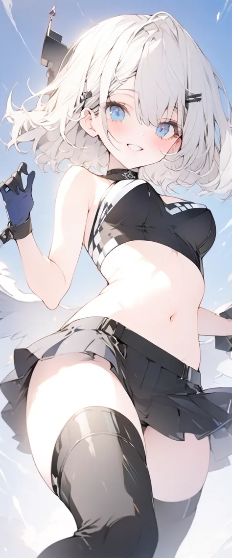 beautiful, masterpiece, Highest quality, anime, One girl, C Cup,Portrait Shot, View your viewers, Covered、Short Hair、nearby、Blue Eyes、art、、White hair,Blue streaked hair、wallpaper、hairpin、Cute smile、Thighs、navel、Black and White_Open race queen、Blue-black_Gl...