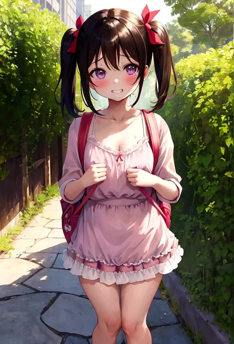 masterpiece, Highest quality, Nico_Yazawa,High resolution, 1 Girl, alone, Brown Hair, short hair, Twin tails、Purple eyes, Cowboy Shot, Frill dress, , Pink Dress, (Cleavage)、(Beautiful thighs)、city, Outdoor, garden, Carrying a red backpack, (randoseru backp...