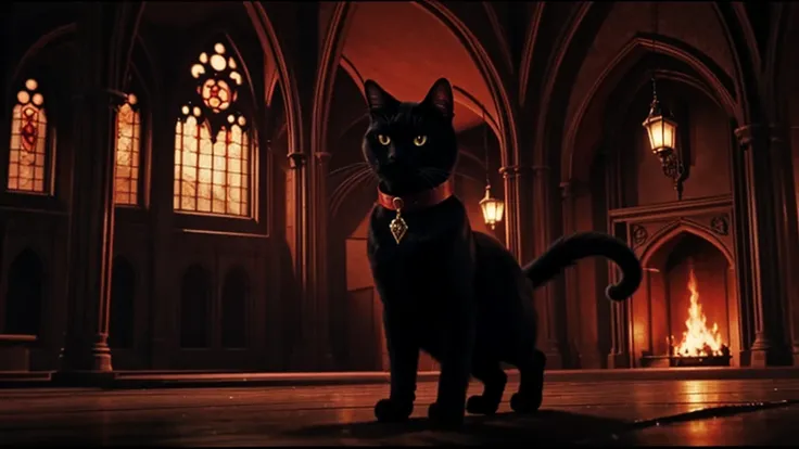 a black cat, red cape, amulet collar, chases after rat in a gothic mansion, high detail, atmospheric, 1980s anime screen caps 