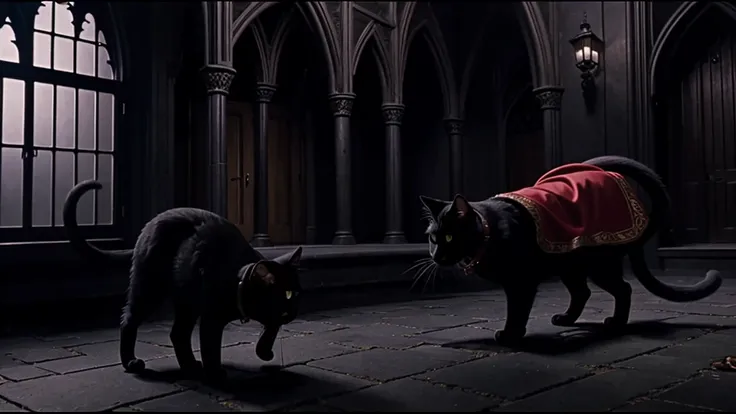 a black cat, red cape, amulet collar, chases after rat in a gothic mansion, high detail, atmospheric, 1980s anime screen caps 