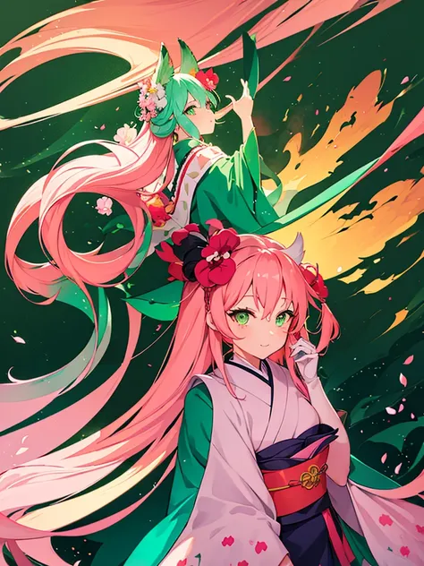 a little kitsune girl, long pink hair, green eyes, long kitsune ears, multiple pink tails, wearing a japanese kimono with a flow...