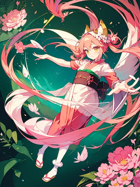 a little kitsune girl, long pink hair, green eyes, long kitsune ears, multiple pink tails, wearing a japanese kimono with a flow...