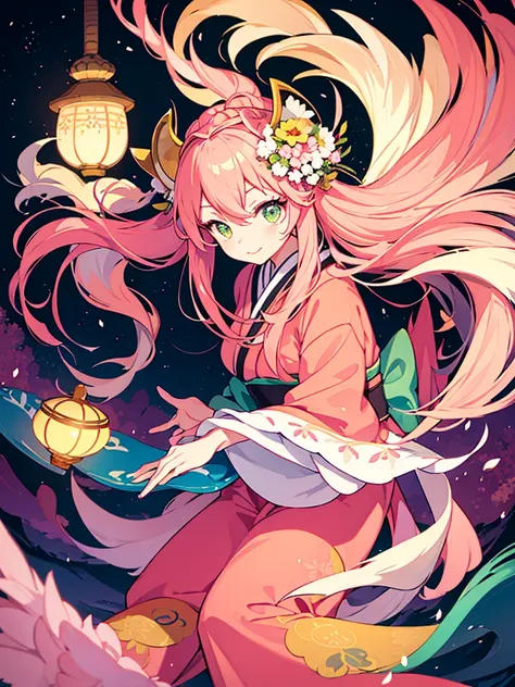 a little kitsune girl, long pink hair, green eyes, long kitsune ears, multiple pink tails, wearing a japanese kimono with a flow...